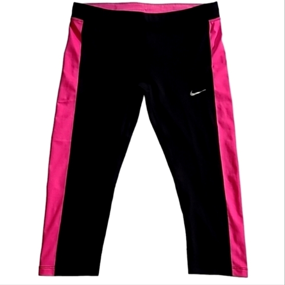 Nike Pants - Nike Athletic Cropped Leggings Black Pink Stripe Mid Rise Stretch Medium